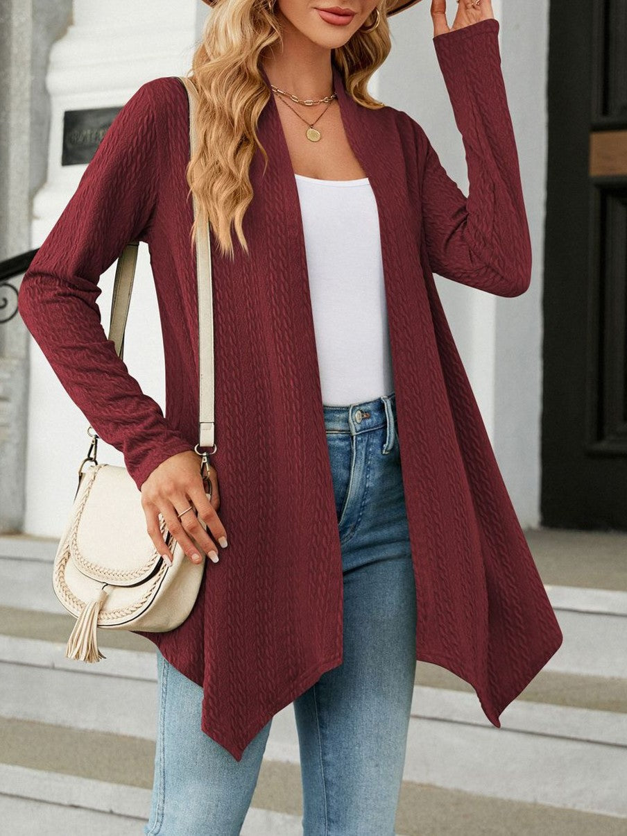 Asymmetric Hem Lightweight Open Front Cardigan - Winered - 2