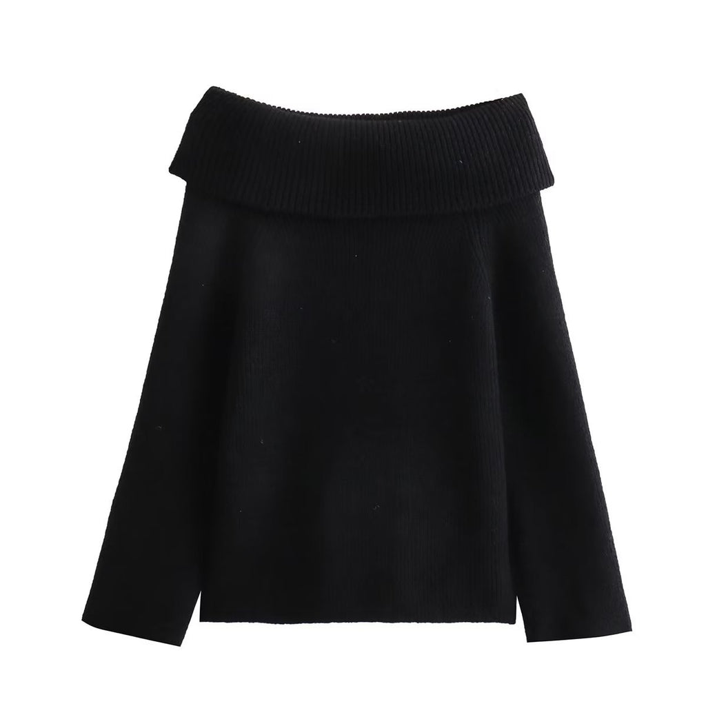 Foldover Off Shoulder Pullover Sweater - Black