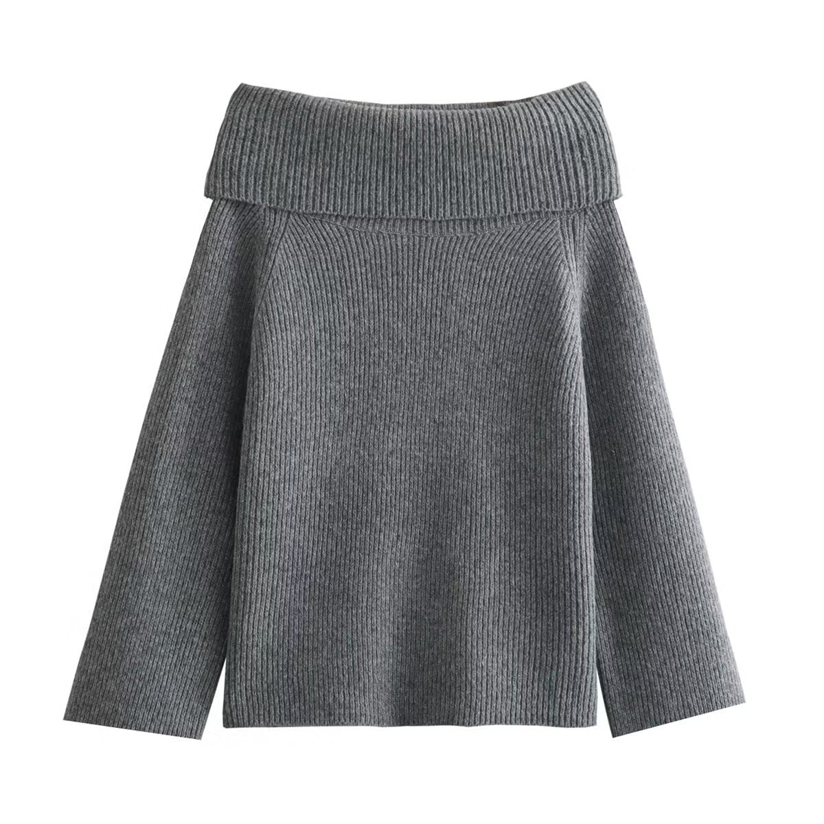 Foldover Off Shoulder Pullover Sweater - Grey