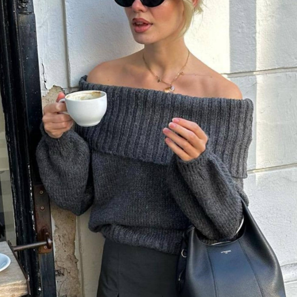 Foldover Off Shoulder Pullover Sweater - Grey - 1