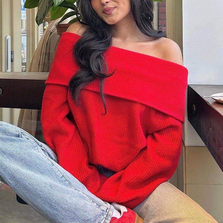 Foldover Off Shoulder Pullover Sweater - Red