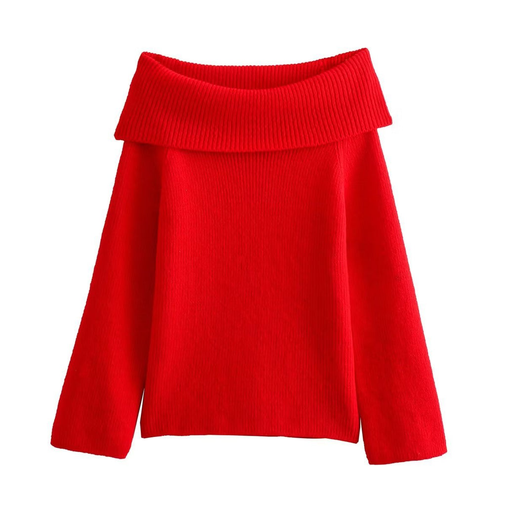 Foldover Off Shoulder Pullover Sweater - Red - 1