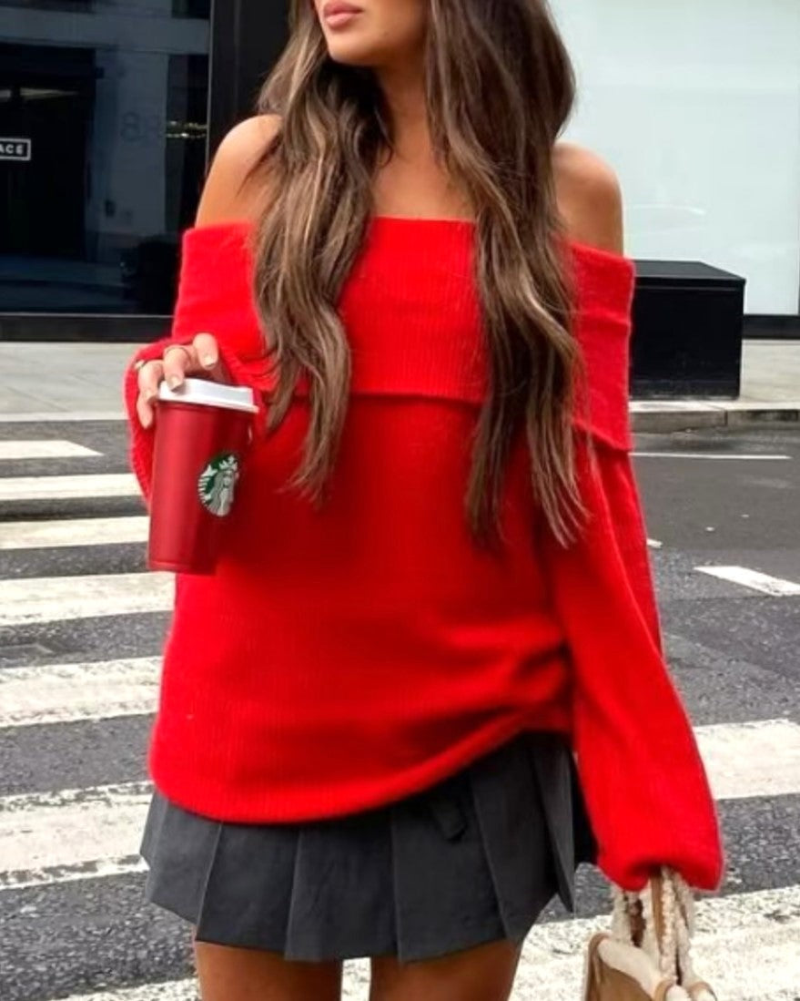 Foldover Off Shoulder Pullover Sweater - Red - 2
