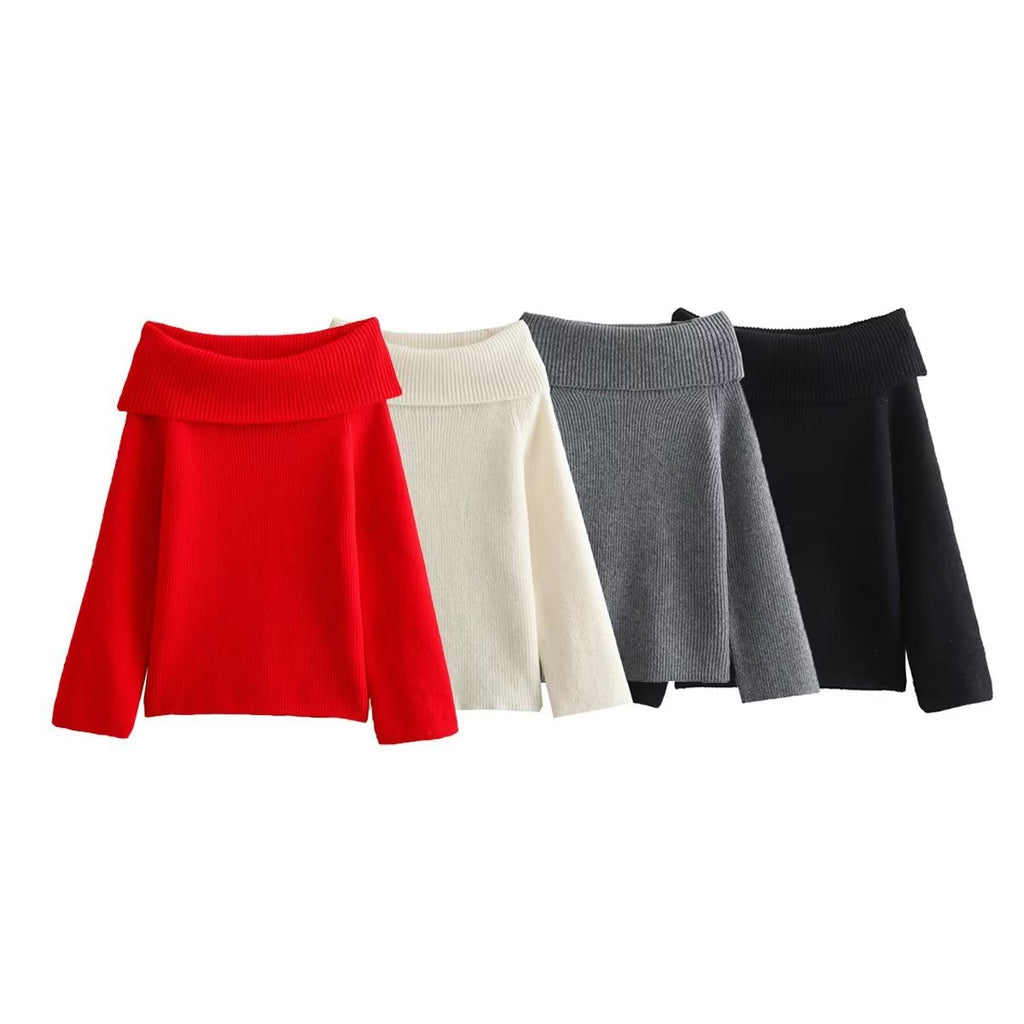 Foldover Off Shoulder Pullover Sweater - Red - 3