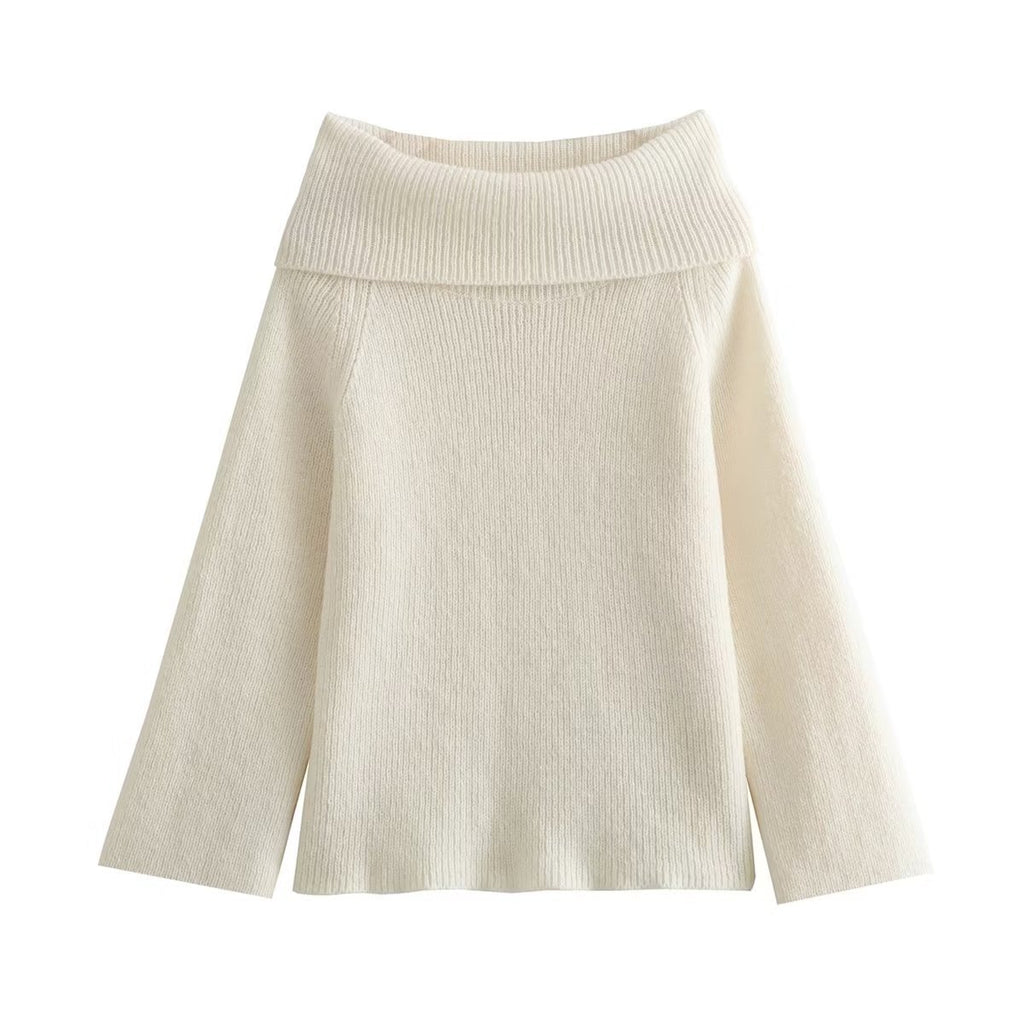 Foldover Off Shoulder Pullover Sweater - White