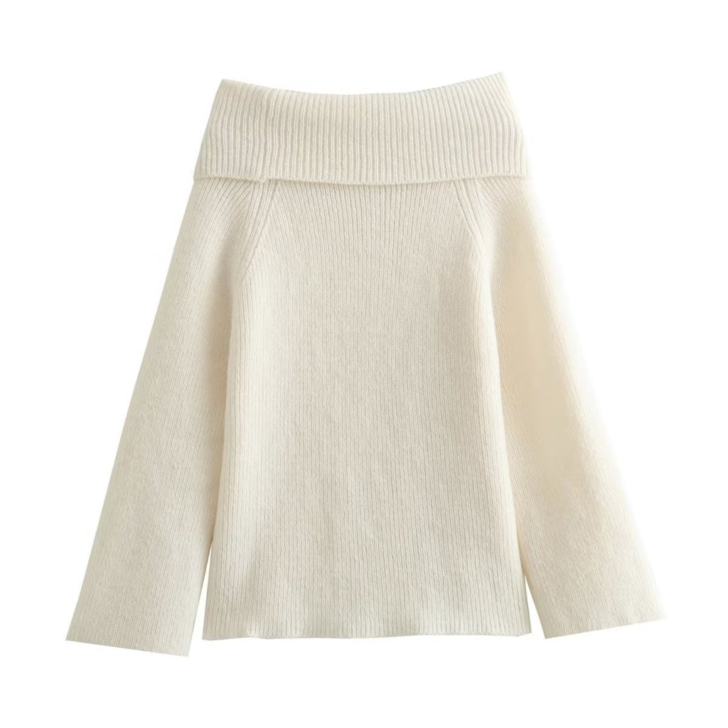 Foldover Off Shoulder Pullover Sweater - White - 1