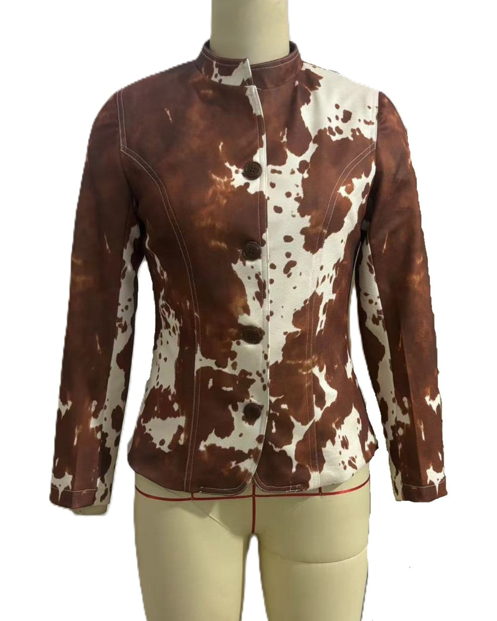Faux Suede Cow Print Tailored Jacket - Brown