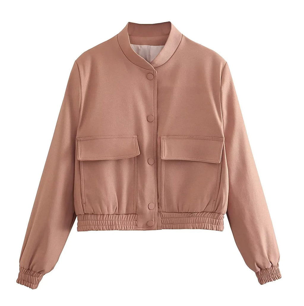 Cropped Flap Pocket Bomber Jacket - Pink - 1