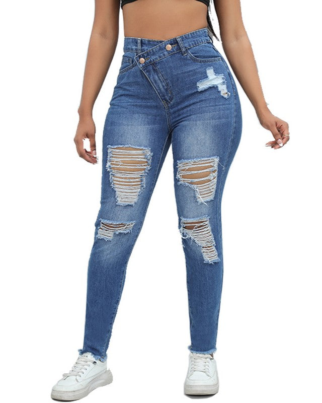 Asymmetric Crossover Waist Ripped Skinny Jeans - Dark Blue - 3
