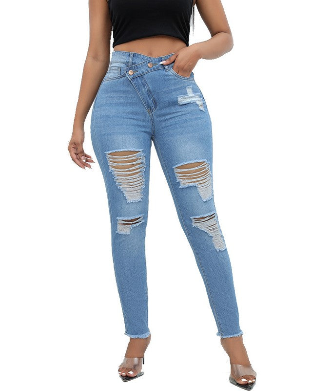 Asymmetric Crossover Waist Ripped Skinny Jeans - Light Blue - 4