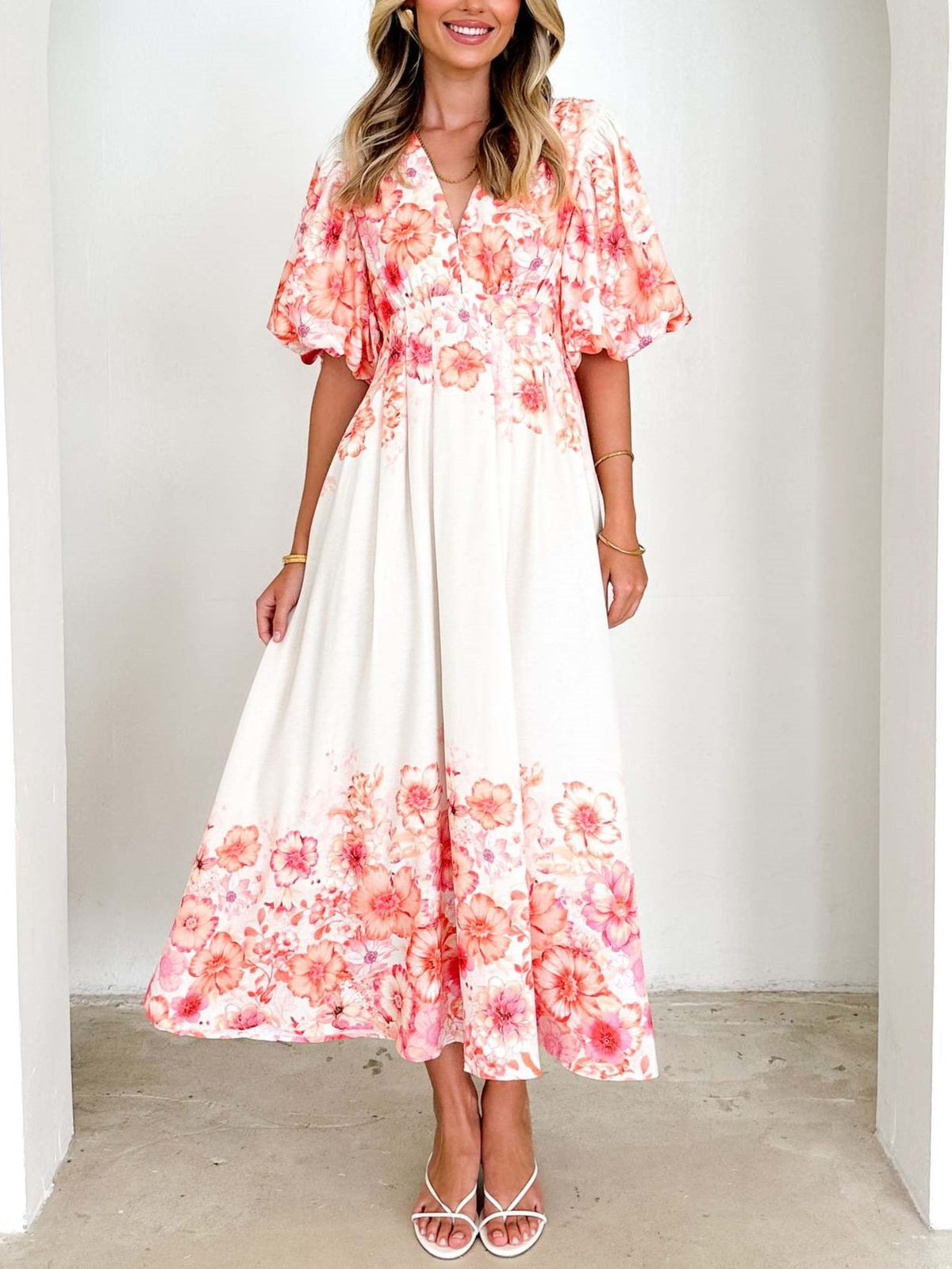 Ombre Floral Puff Sleeve Maxi Dress - Orange