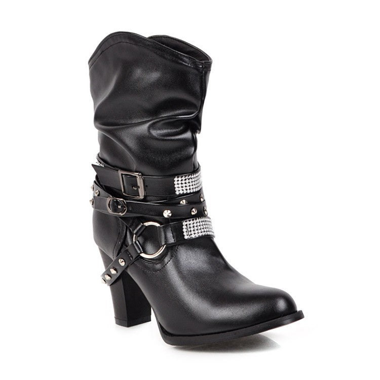 Slouchy Rhinestone Strap Western Ankle Boots - Black