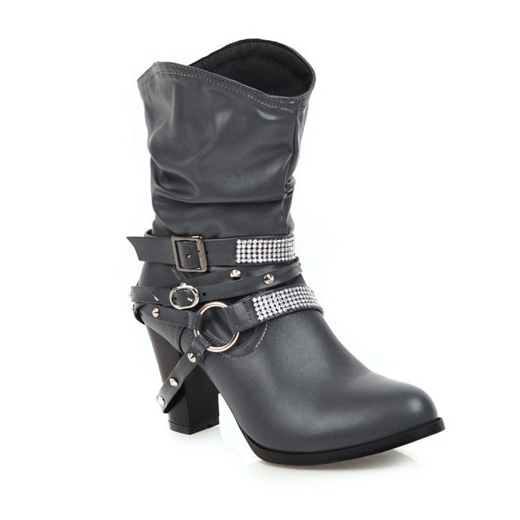 Slouchy Rhinestone Strap Western Ankle Boots - Gray