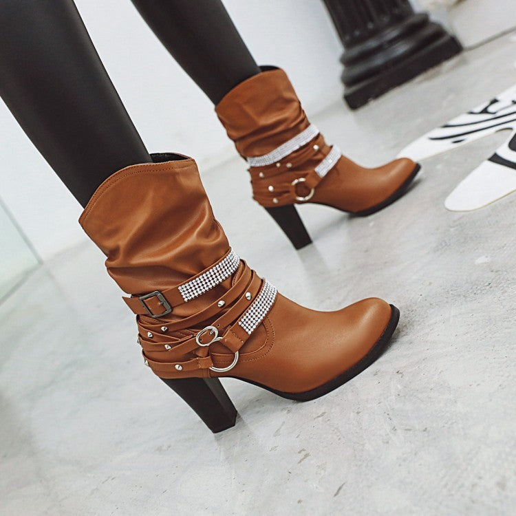 Slouchy Rhinestone Strap Western Ankle Boots