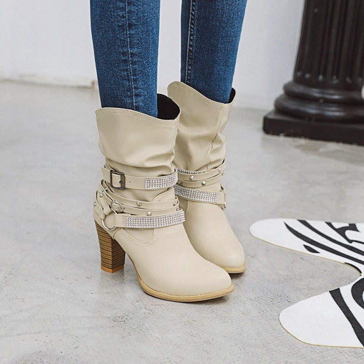Slouchy Rhinestone Strap Western Ankle Boots