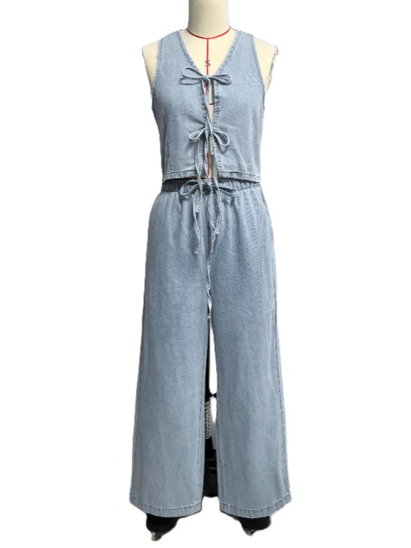 Tie Front Denim Vest and Wide Leg Jeans Set - Set - 1