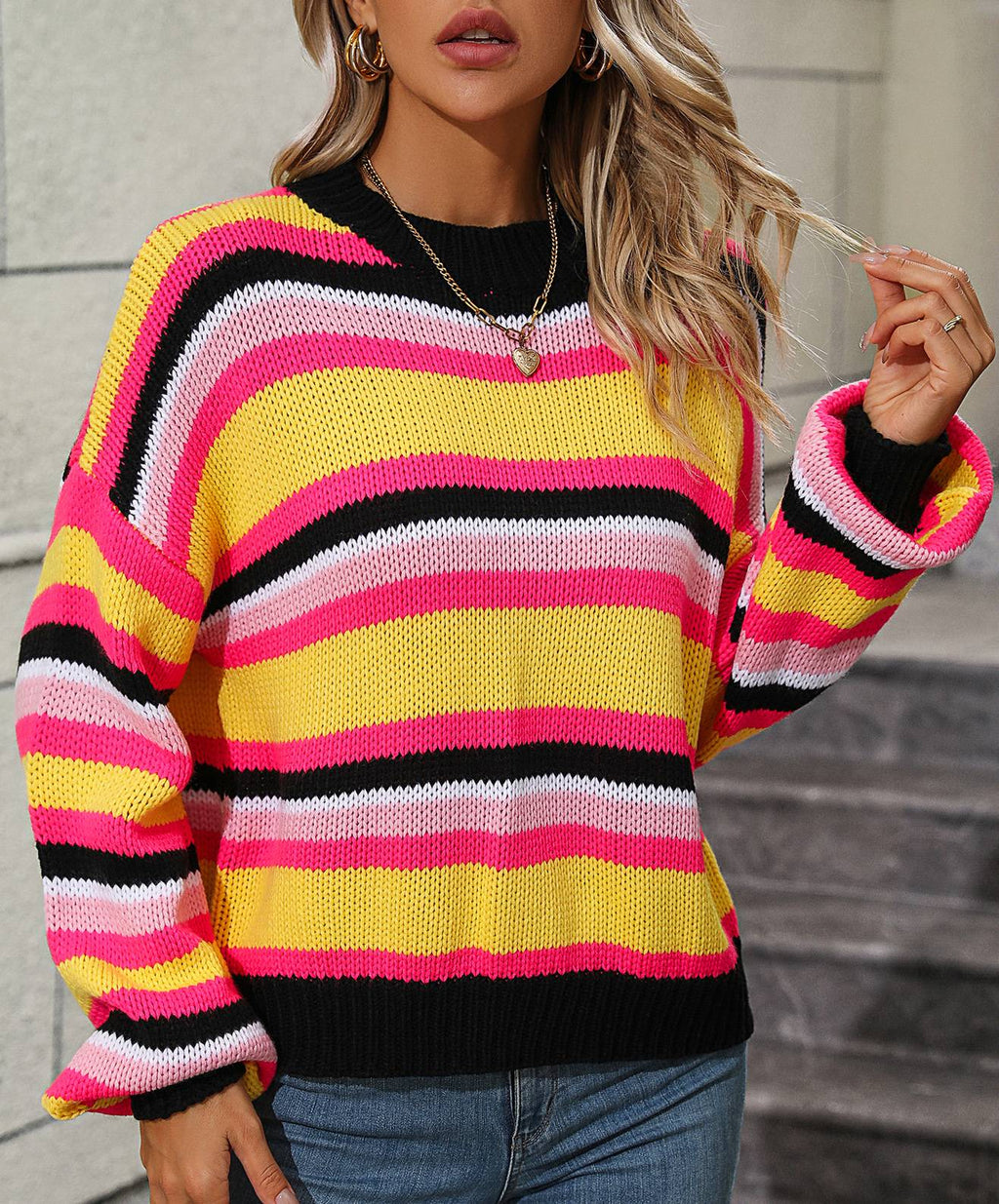 Multi Stripe Drop Shoulder Crewneck Sweater - Black - 1
