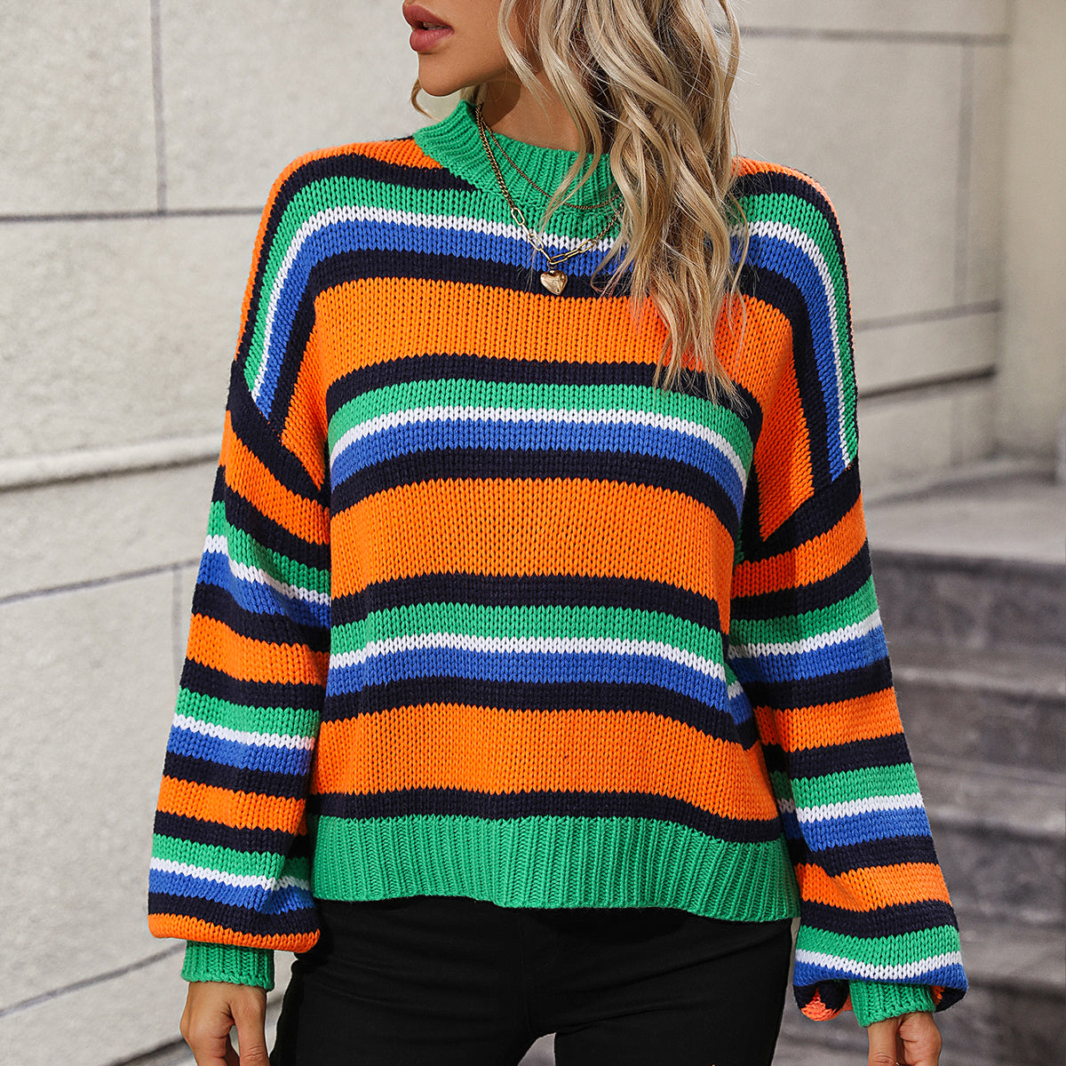 Multi Stripe Drop Shoulder Crewneck Sweater - Green