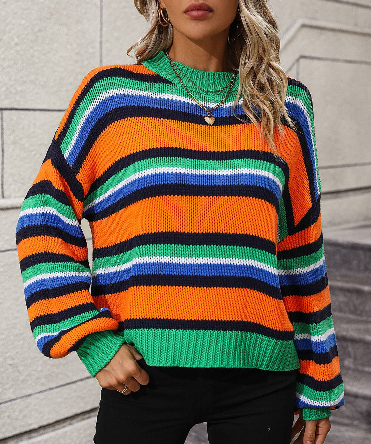Multi Stripe Drop Shoulder Crewneck Sweater - Green - 1
