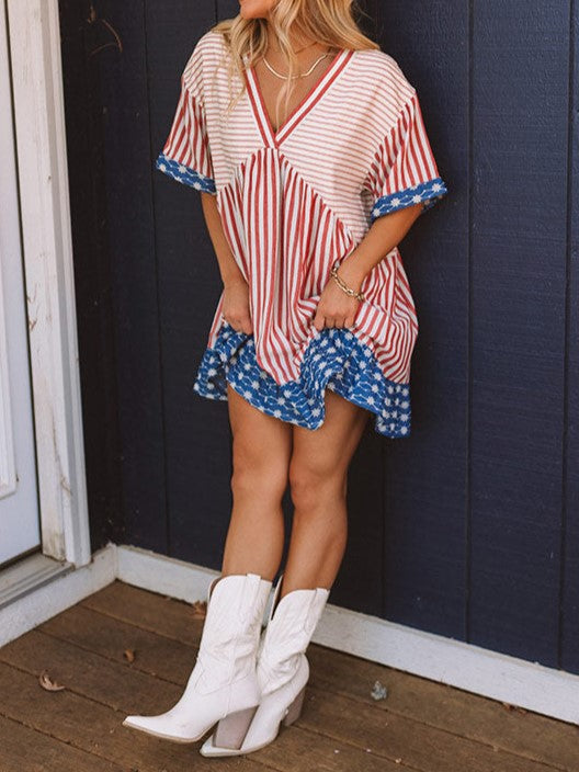 Striped Star Border Ruffle Mini Dress - Stripes - 1