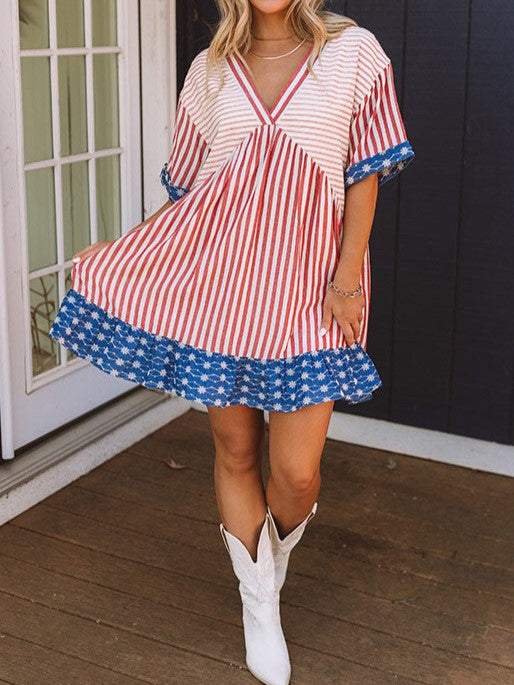 Striped Star Border Ruffle Mini Dress - Stripes - 2