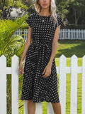 Polka Dot Tie Waist Pleated Skater Dress - Black