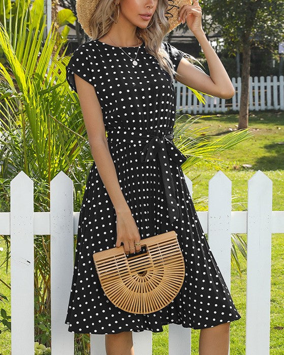 Polka Dot Tie Waist Pleated Skater Dress - Black - 1