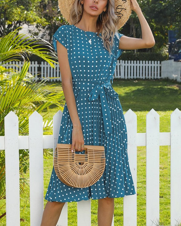Polka Dot Tie Waist Pleated Skater Dress - Blue