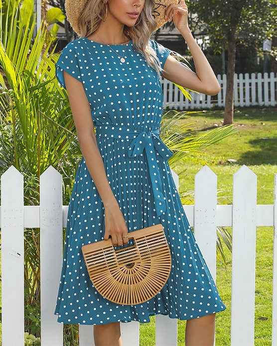 Polka Dot Tie Waist Pleated Skater Dress - Blue - 1
