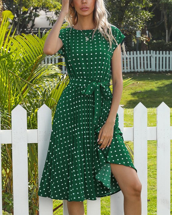 Polka Dot Tie Waist Pleated Skater Dress - Green
