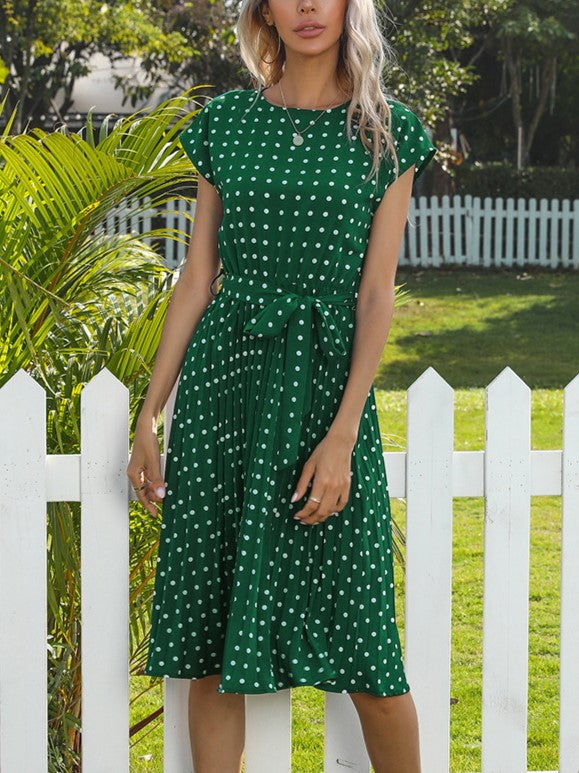 Polka Dot Tie Waist Pleated Skater Dress - Green - 1