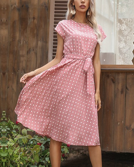 Polka Dot Tie Waist Pleated Skater Dress - Pink