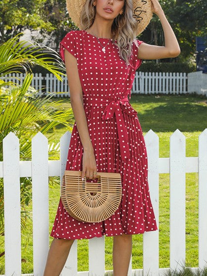 Polka Dot Tie Waist Pleated Skater Dress - Wine Red
