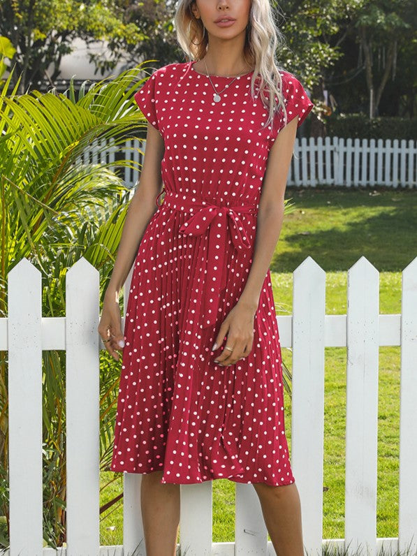 Polka Dot Tie Waist Pleated Skater Dress - Wine Red - 1
