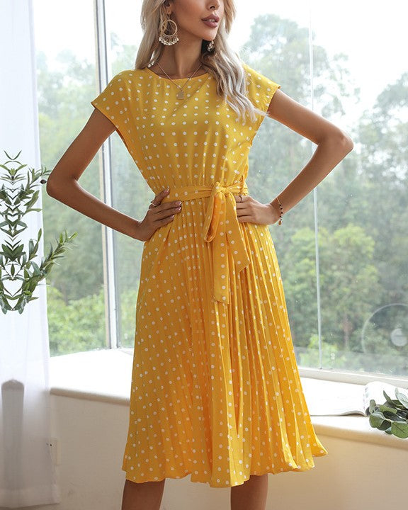 Polka Dot Tie Waist Pleated Skater Dress - Yellow