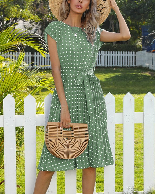 Polka Dot Tie Waist Pleated Skater Dress