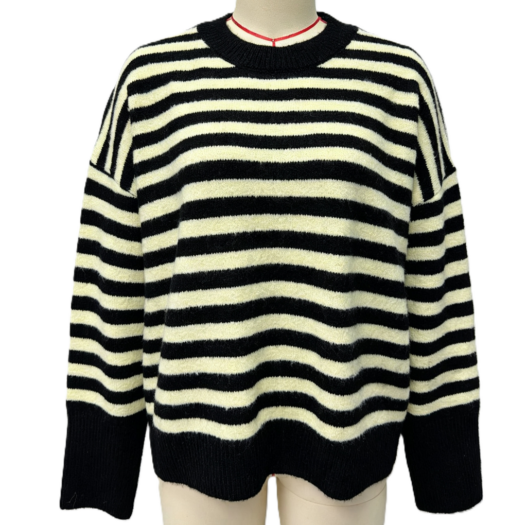 Breton Stripe Oversized Knit Crew Neck Sweater - Black