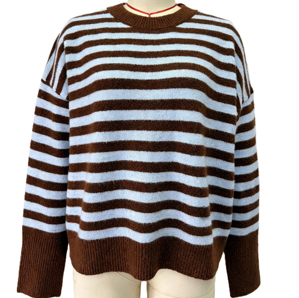 Breton Stripe Oversized Knit Crew Neck Sweater - Brown