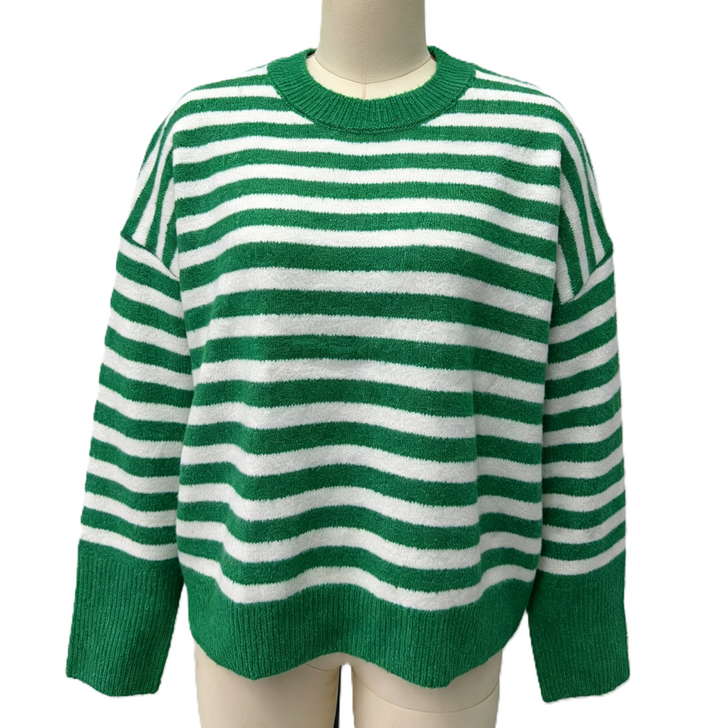 Breton Stripe Oversized Knit Crew Neck Sweater - Green