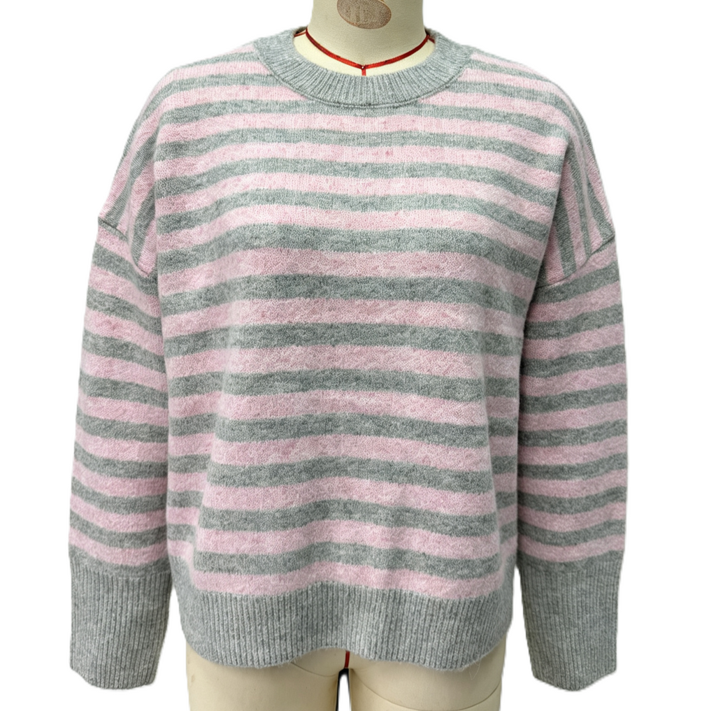 Breton Stripe Oversized Knit Crew Neck Sweater - Grey