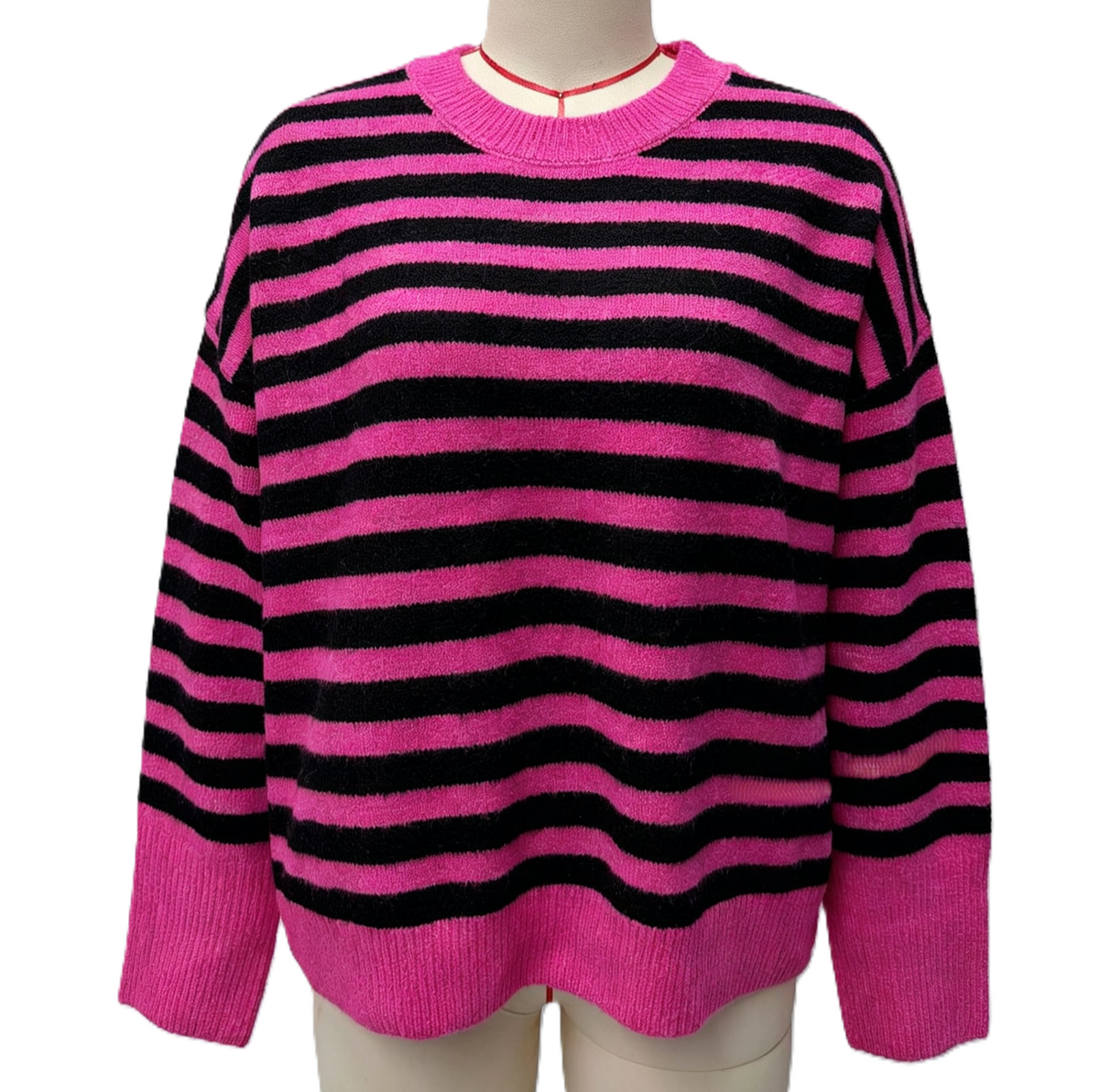 Breton Stripe Oversized Knit Crew Neck Sweater - RoseRed - 1