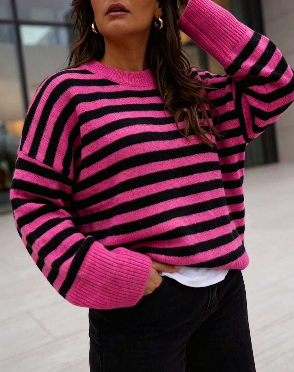 Breton Stripe Oversized Knit Crew Neck Sweater - RoseRed - 3