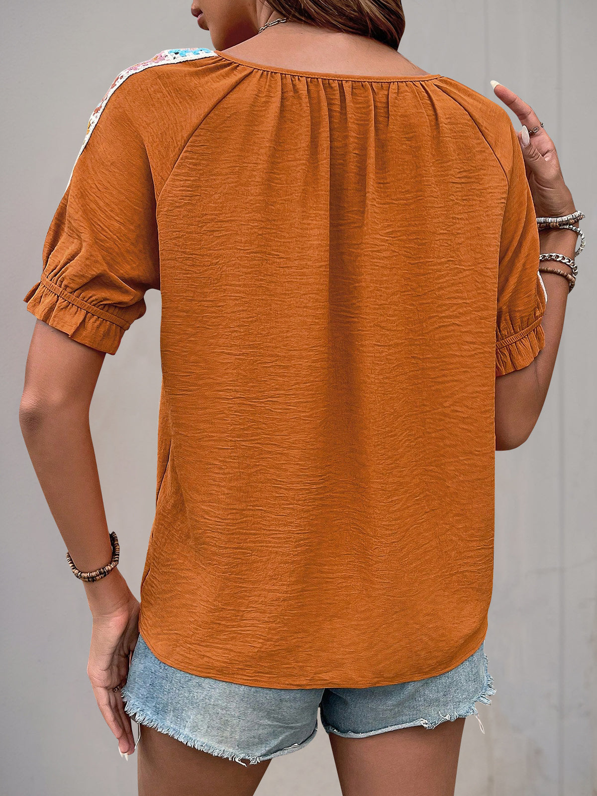 Crochet Trim Tie Neck Peasant Top - Orange - 2