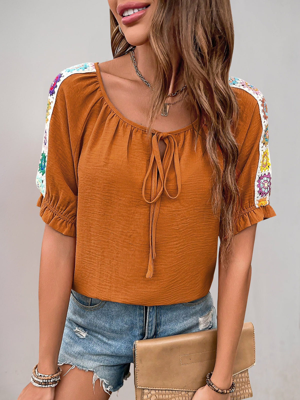 Crochet Trim Tie Neck Peasant Top - Orange - 4