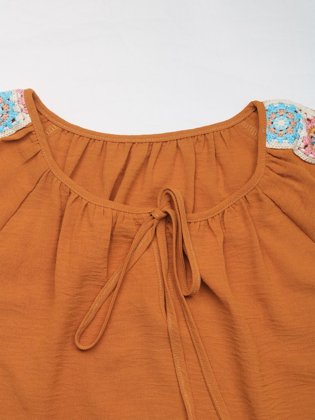 Crochet Trim Tie Neck Peasant Top - Orange - 6
