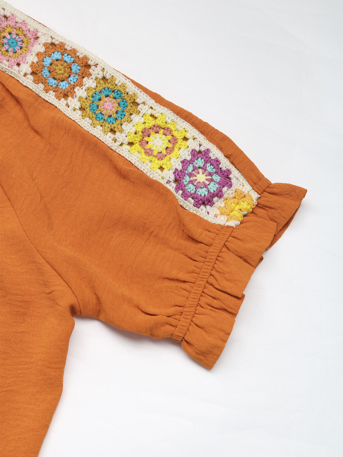 Crochet Trim Tie Neck Peasant Top - Orange - 7