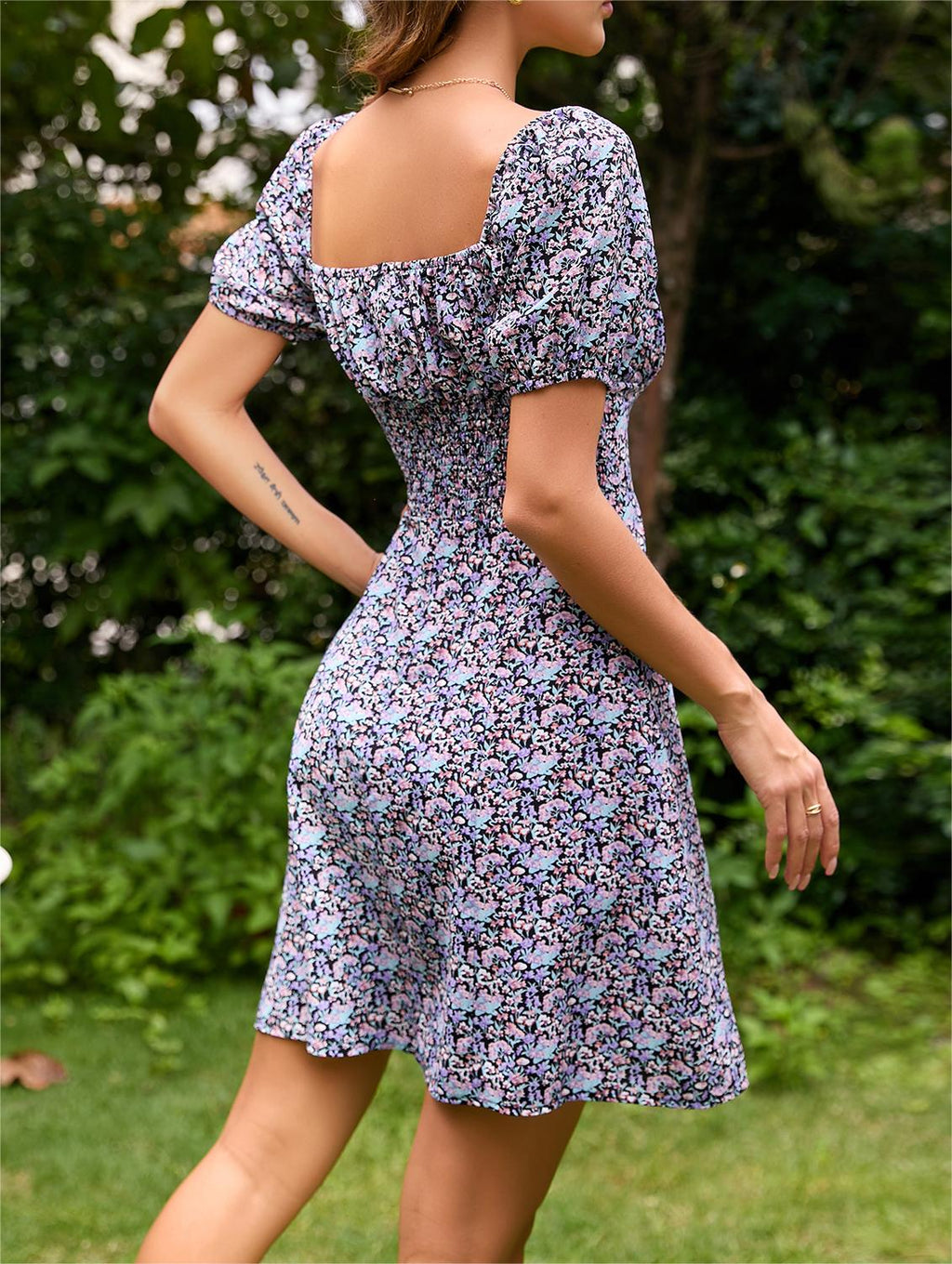 Ditsy Floral Tie Front Square Neck Mini Dress - purple - 1