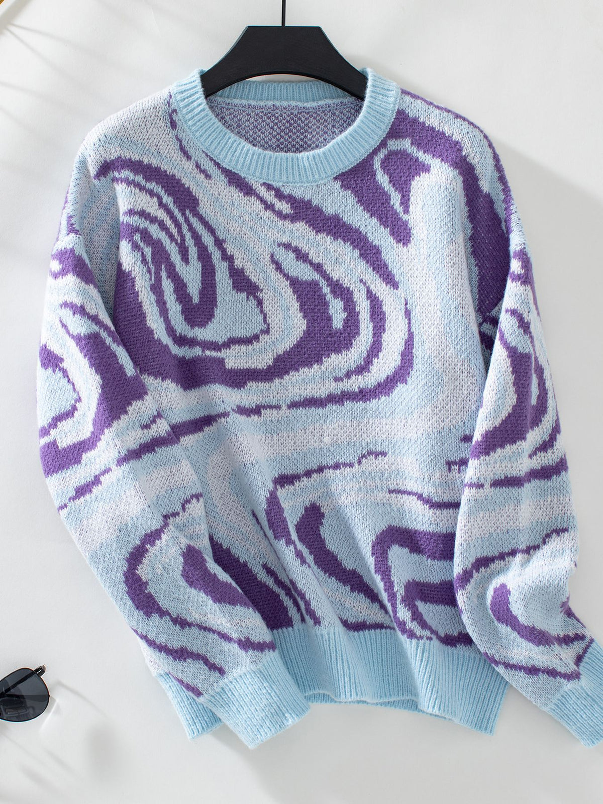 Marbled Swirl Pattern Crewneck Knit Sweater - Blue