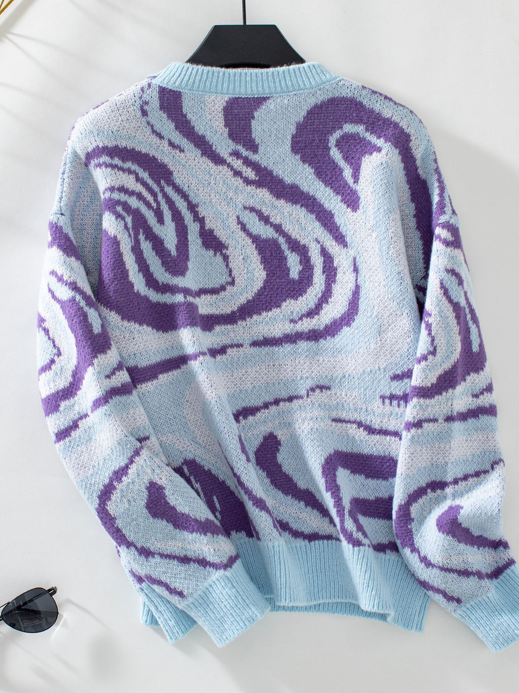 Marbled Swirl Pattern Crewneck Knit Sweater - Blue - 1