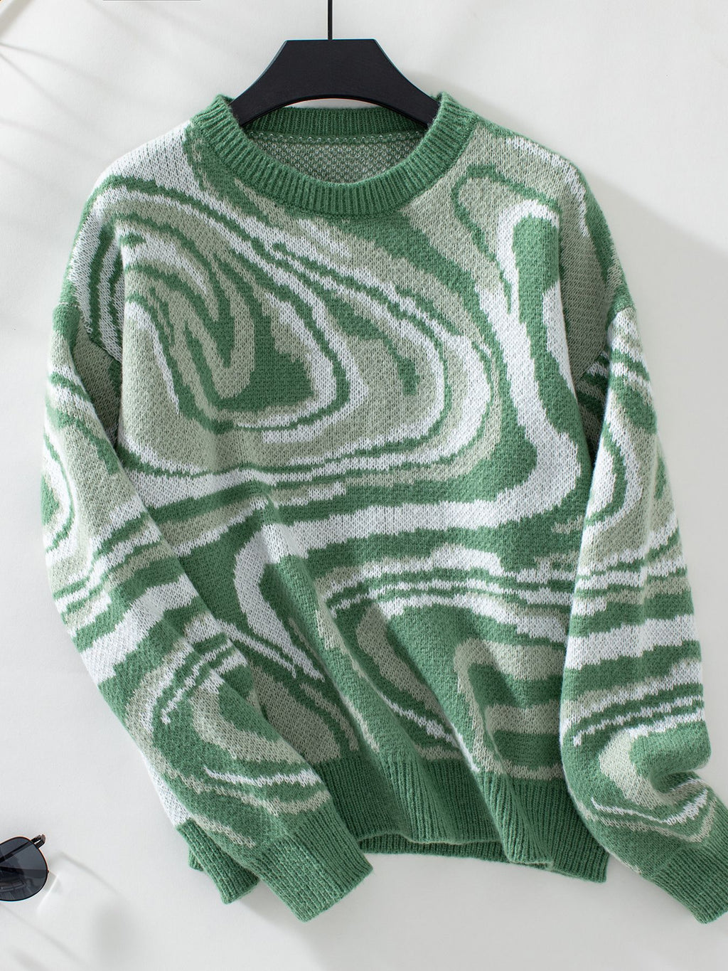 Marbled Swirl Pattern Crewneck Knit Sweater - Green